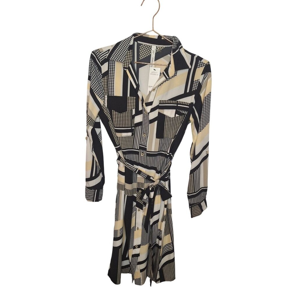 NY Collection Womens Geometric Print Shirtdress With Belt Long Sleeves Size S